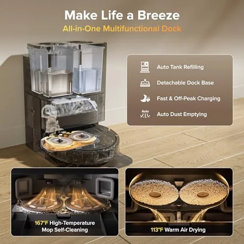 All-in-one dock: auto tank refilling, hot-water mop self-cleaning, hot-air drying