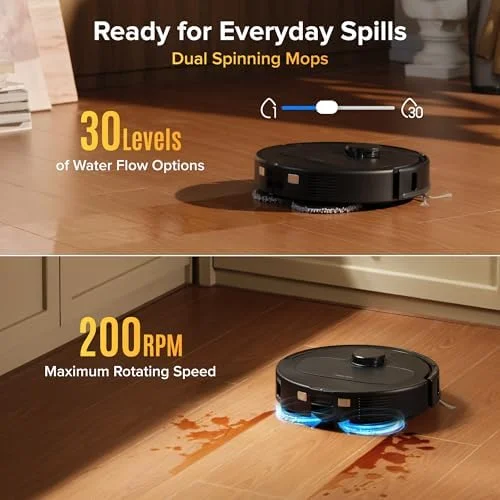 Dual spinning mops with 30 levels of water flow for everyday spills
